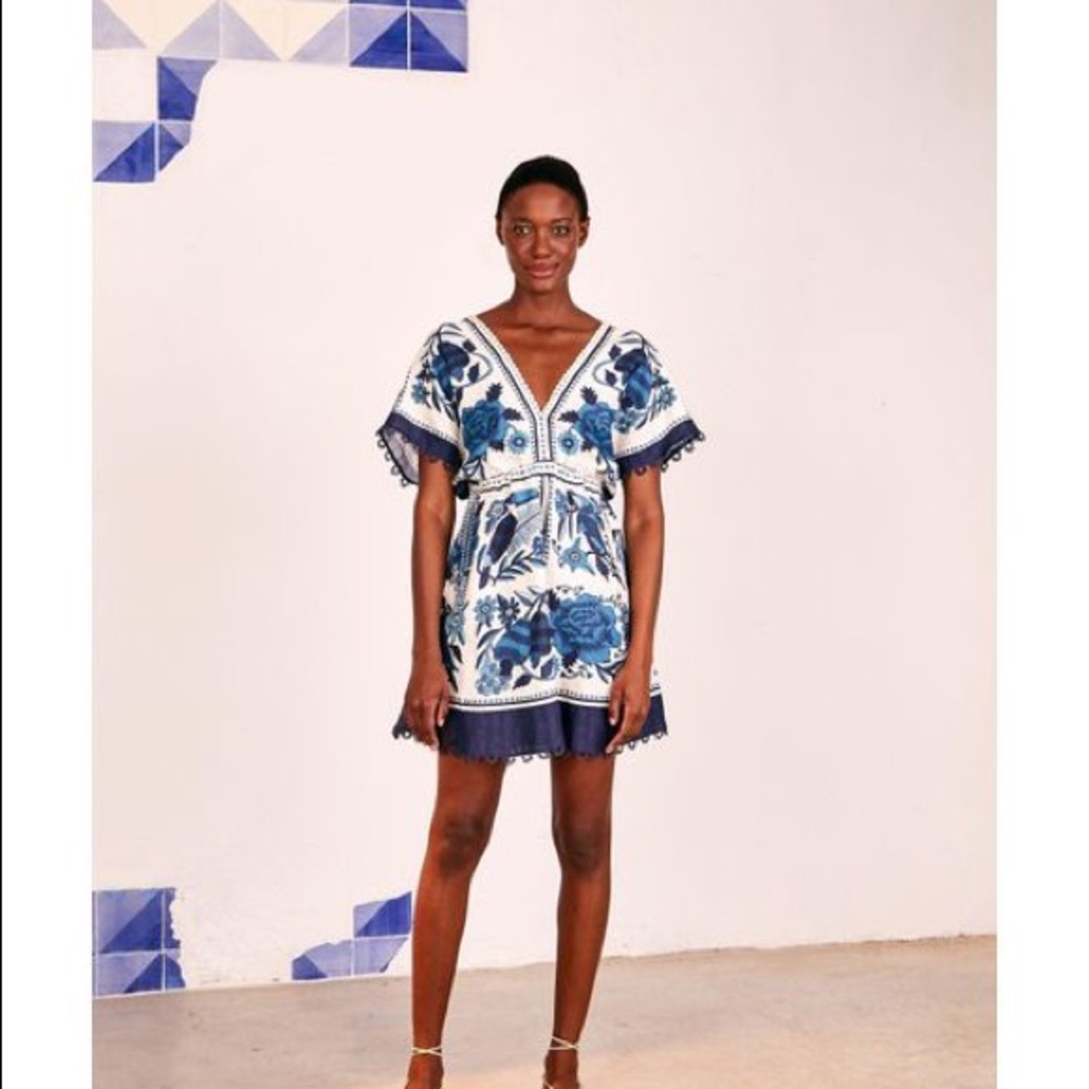 Farm Rio Blue Tropical Tiles Mini Dress